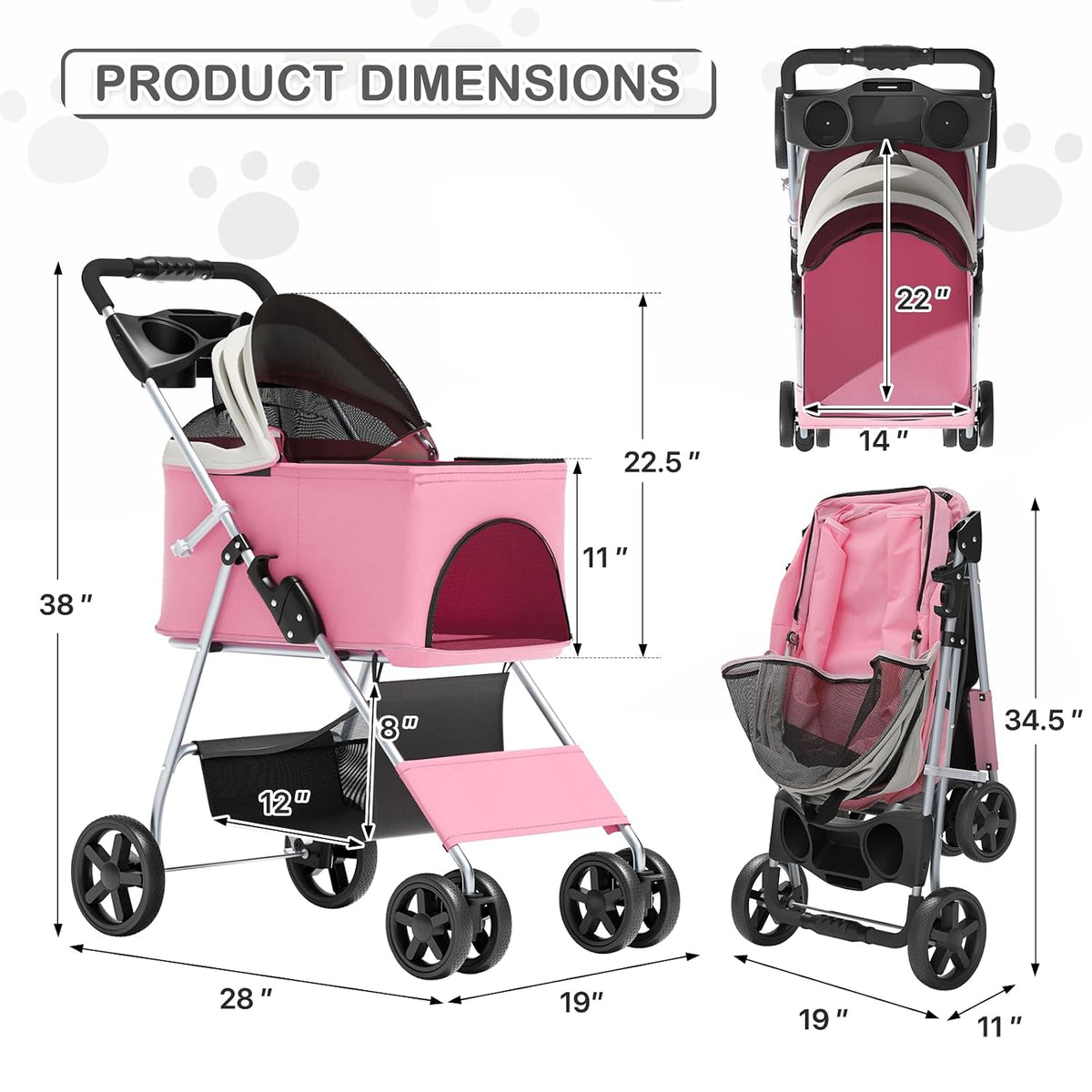 Foldable Pet Stroller for Small & Medium Dogs, Pink