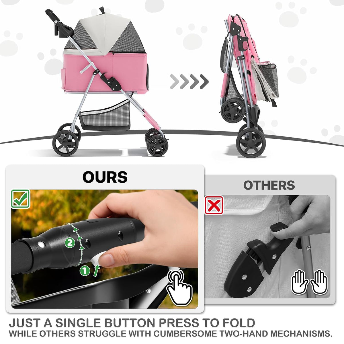 Foldable Pet Stroller for Small & Medium Dogs, Pink