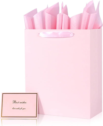 Elegant Pink Gift Bag 10.2"x4.7"x12.2" with Ribbon Handles, Includes Card and Tissue Papers, Perfect for Birthdays, Weddings, Parties, Holidays, Baby Shower