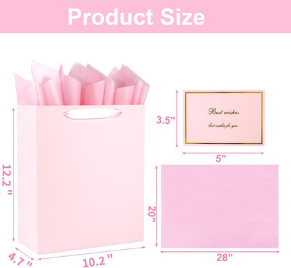 Elegant Pink Gift Bag 10.2"x4.7"x12.2" with Ribbon Handles, Includes Card and Tissue Papers, Perfect for Birthdays, Weddings, Parties, Holidays, Baby Shower