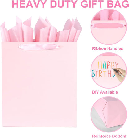 Elegant Pink Gift Bag 10.2"x4.7"x12.2" with Ribbon Handles, Includes Card and Tissue Papers, Perfect for Birthdays, Weddings, Parties, Holidays, Baby Shower