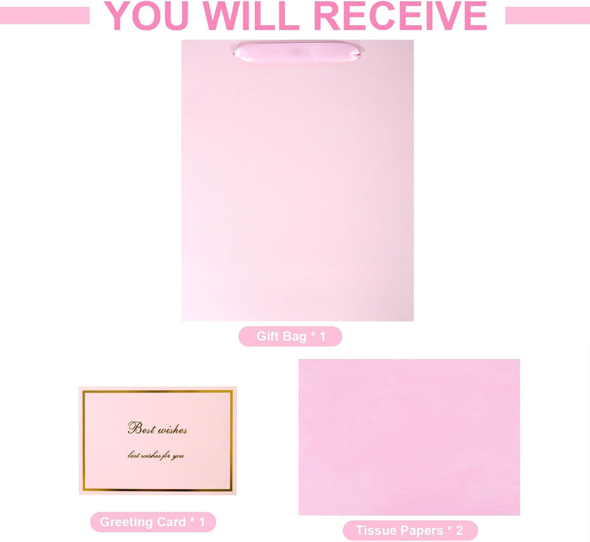 Elegant Pink Gift Bag 10.2"x4.7"x12.2" with Ribbon Handles, Includes Card and Tissue Papers, Perfect for Birthdays, Weddings, Parties, Holidays, Baby Shower