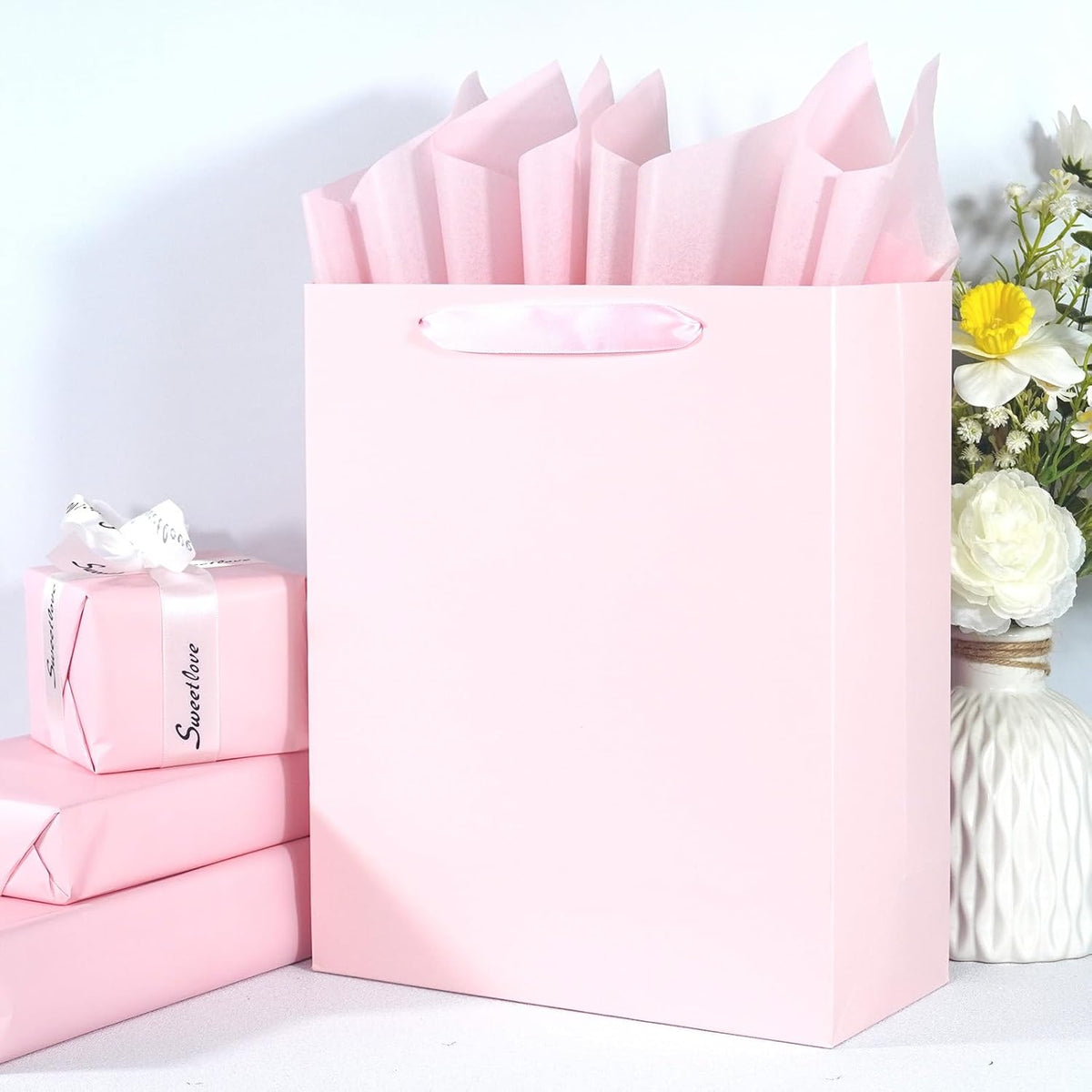 Elegant Pink Gift Bag 10.2"x4.7"x12.2" with Ribbon Handles, Includes Card and Tissue Papers, Perfect for Birthdays, Weddings, Parties, Holidays, Baby Shower
