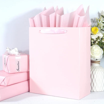 Elegant Pink Gift Bag 10.2"x4.7"x12.2" with Ribbon Handles, Includes Card and Tissue Papers, Perfect for Birthdays, Weddings, Parties, Holidays, Baby Shower