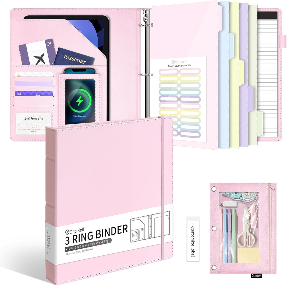 Ospelelf Leather 3 Ring Binder for Letter Size Documents with PVC Pocketed Dividers, 1 Inch Round Rings, Holds 175 Sheets, Binders with Storage Bag & Notepad, for Office School Home Organization, pink