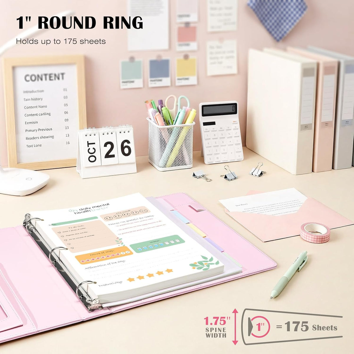Ospelelf Leather 3 Ring Binder for Letter Size Documents with PVC Pocketed Dividers, 1 Inch Round Rings, Holds 175 Sheets, Binders with Storage Bag & Notepad, for Office School Home Organization, pink