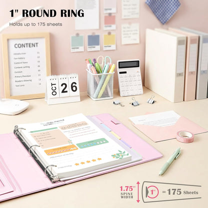 Ospelelf Leather 3 Ring Binder for Letter Size Documents with PVC Pocketed Dividers, 1 Inch Round Rings, Holds 175 Sheets, Binders with Storage Bag & Notepad, for Office School Home Organization, pink