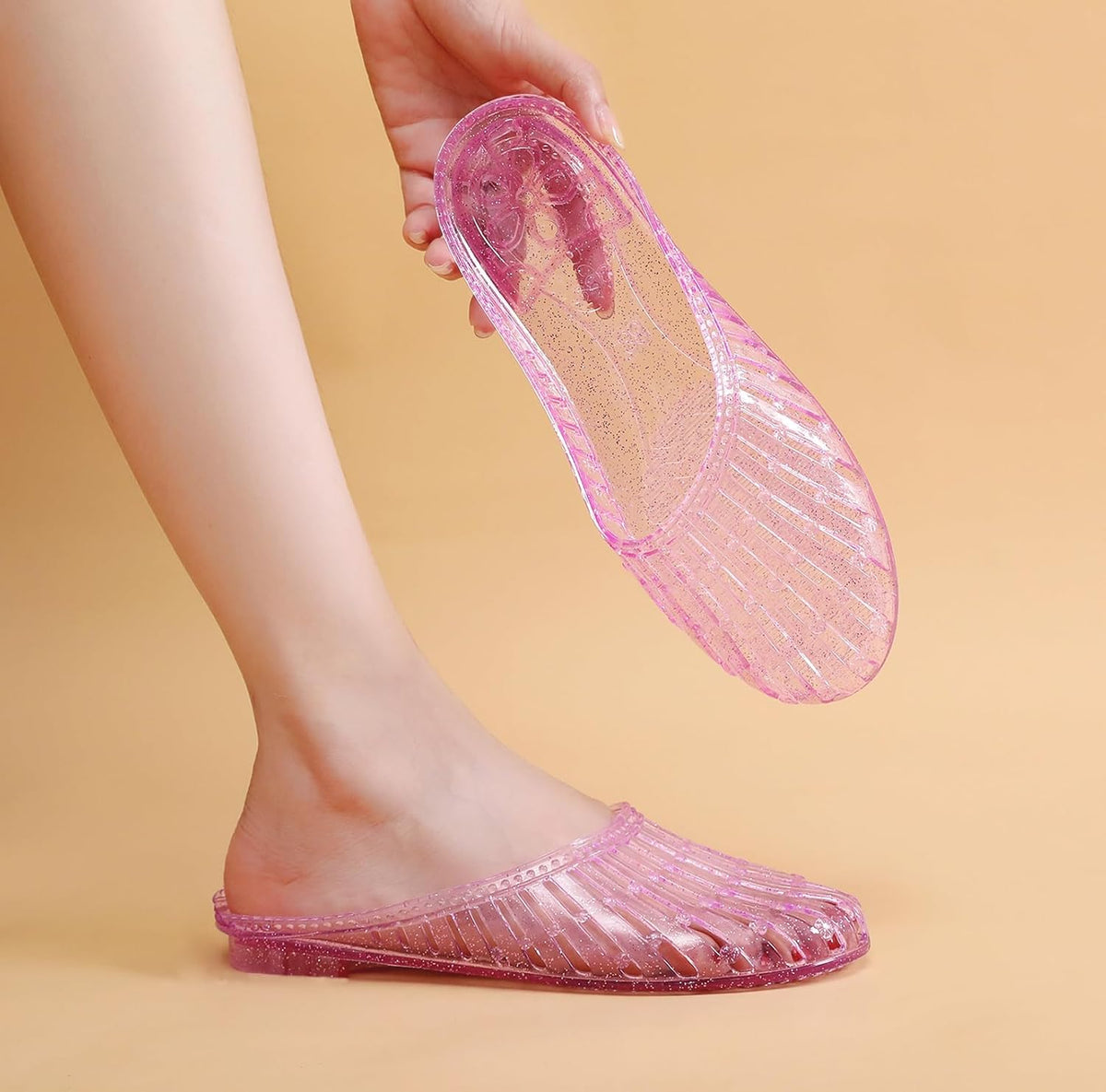 Womens Jelly Shoes, White Jellies Sandals Glitter Clear Flats Slip On Summer Beach Slippers Transparent Closed Toe Soft Slide