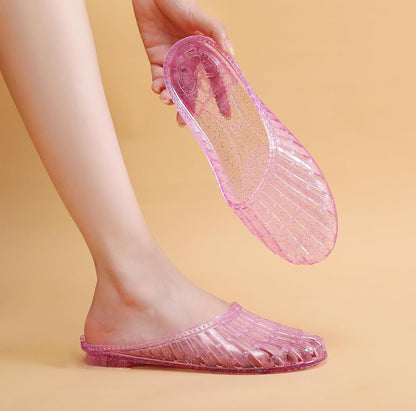 Womens Jelly Shoes, White Jellies Sandals Glitter Clear Flats Slip On Summer Beach Slippers Transparent Closed Toe Soft Slide