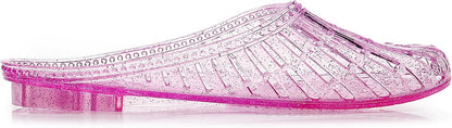 Womens Jelly Shoes, White Jellies Sandals Glitter Clear Flats Slip On Summer Beach Slippers Transparent Closed Toe Soft Slide