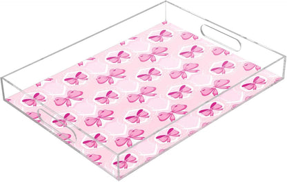 Light Pink Bows Serving Tray 12" x 16" Acrylic Trays with Handles Decorative Serving Platter for Coffee, Breakfast in Bed, Dinner, Appetizers, Patio, Party