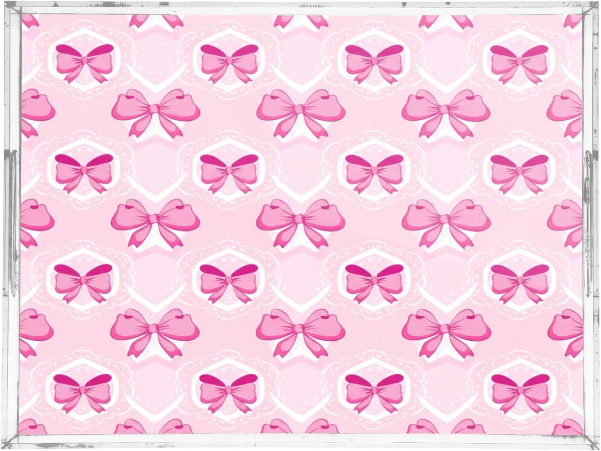 Light Pink Bows Serving Tray 12" x 16" Acrylic Trays with Handles Decorative Serving Platter for Coffee, Breakfast in Bed, Dinner, Appetizers, Patio, Party