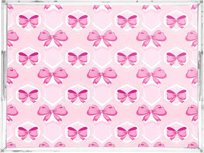 Light Pink Bows Serving Tray 12" x 16" Acrylic Trays with Handles Decorative Serving Platter for Coffee, Breakfast in Bed, Dinner, Appetizers, Patio, Party