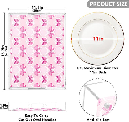 Light Pink Bows Serving Tray 12" x 16" Acrylic Trays with Handles Decorative Serving Platter for Coffee, Breakfast in Bed, Dinner, Appetizers, Patio, Party