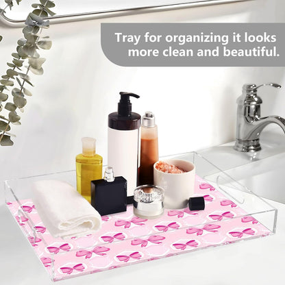 Light Pink Bows Serving Tray 12" x 16" Acrylic Trays with Handles Decorative Serving Platter for Coffee, Breakfast in Bed, Dinner, Appetizers, Patio, Party