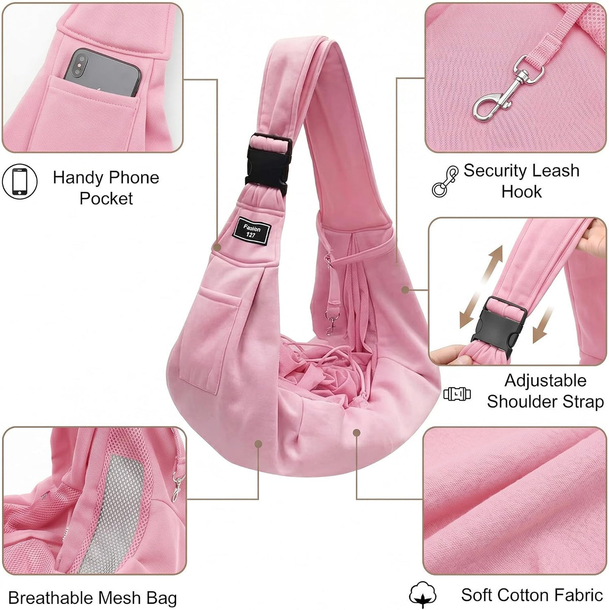 Adjustable Pet Sling Carrier, Anti-Escape Bag for Small Dogs & Cats, Pink