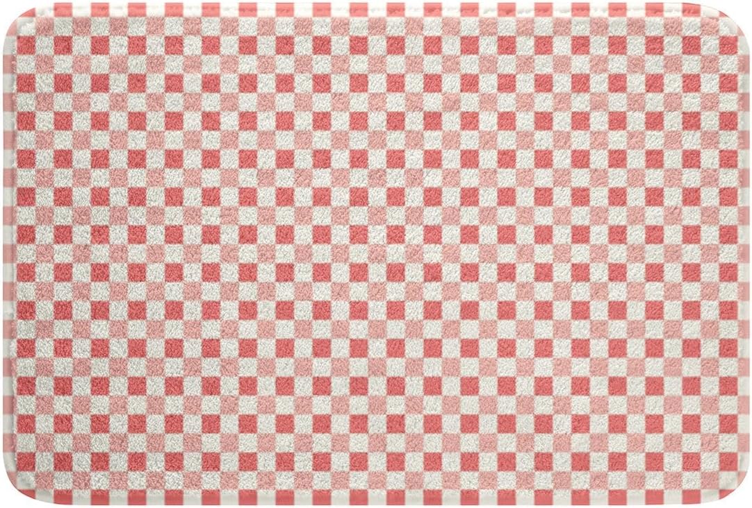 Pink White Checkered Bathroom Rugs,Checkerboard Non Slip Bath Mat Aesthetic Plaid Bathroom Indoor Floor Mats,Cute Geometric Grid Shaggy Absorbent Bathtub Decor Rug,20"x32"