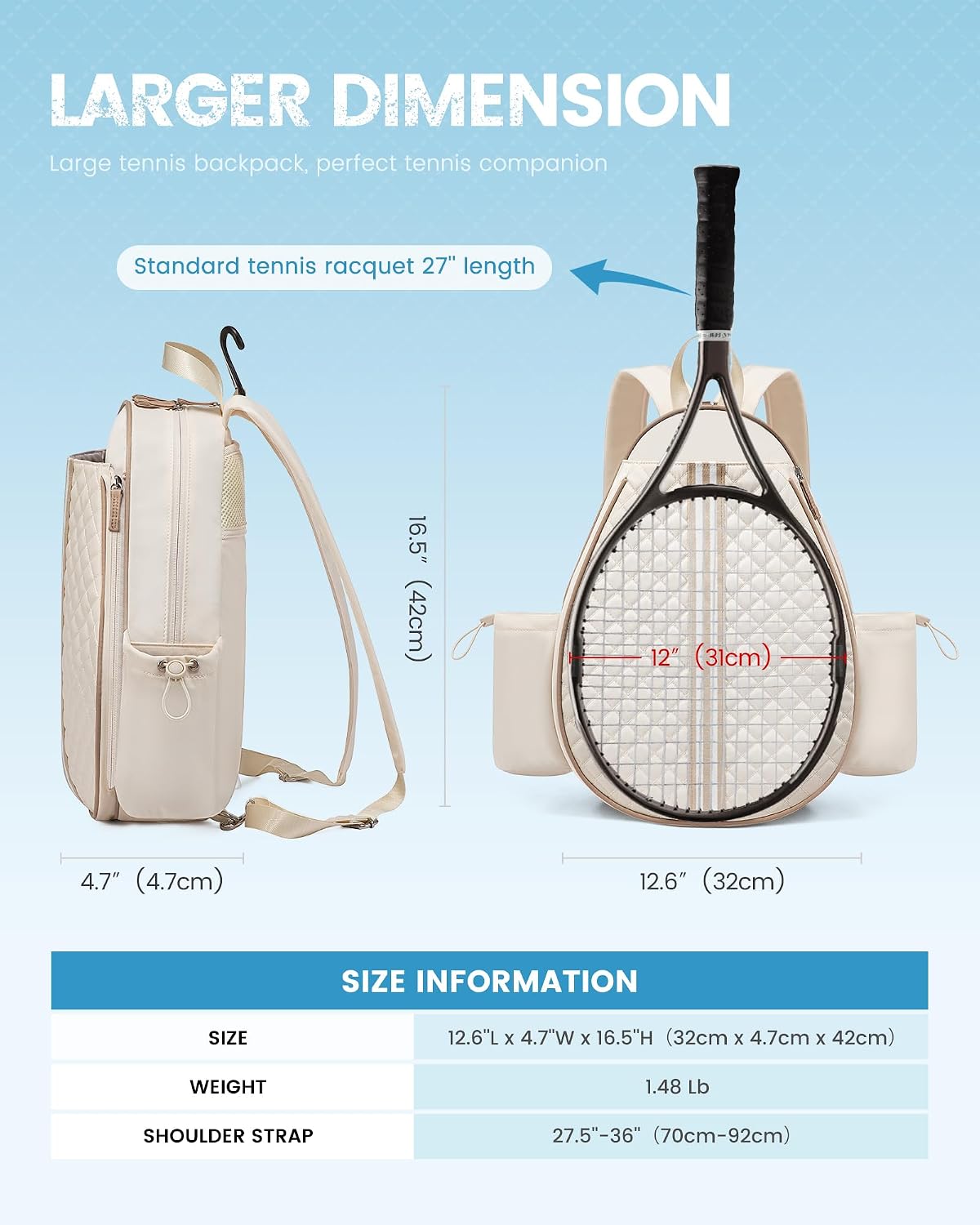 Tennis Bag, Quilted Tennis Bag for Women, Tennis Racket Backpack Bag