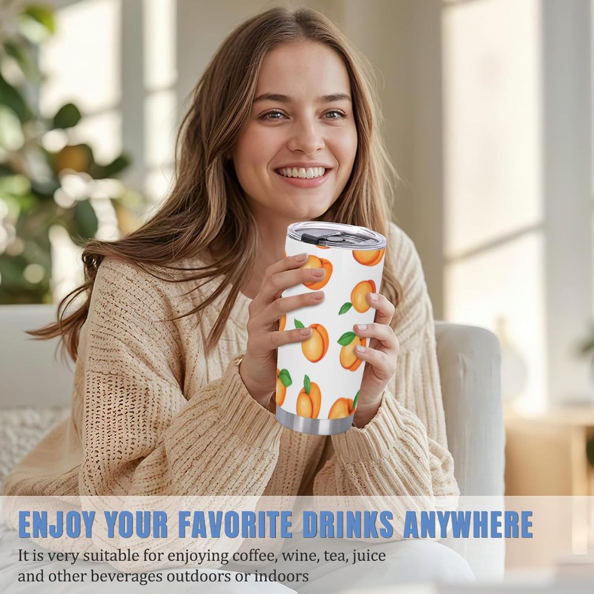 Watercolor Peach 20oz Tumbler with Lid and Straw Insulated Coffee Mug Stainless Steel Travel Cups for Women Men