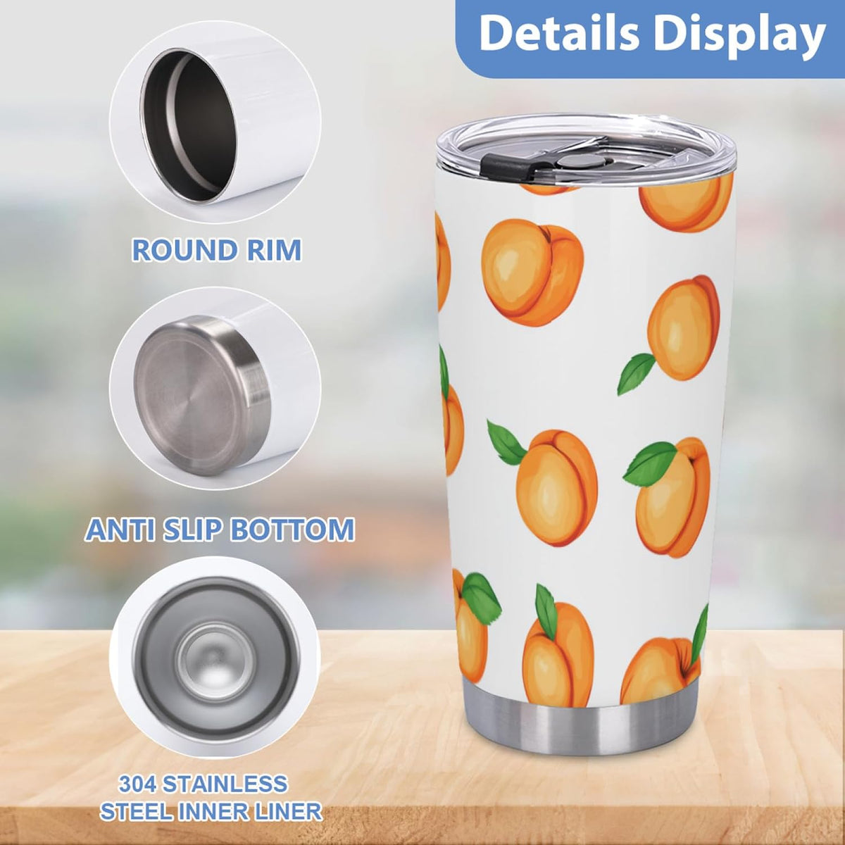 Watercolor Peach 20oz Tumbler with Lid and Straw Insulated Coffee Mug Stainless Steel Travel Cups for Women Men