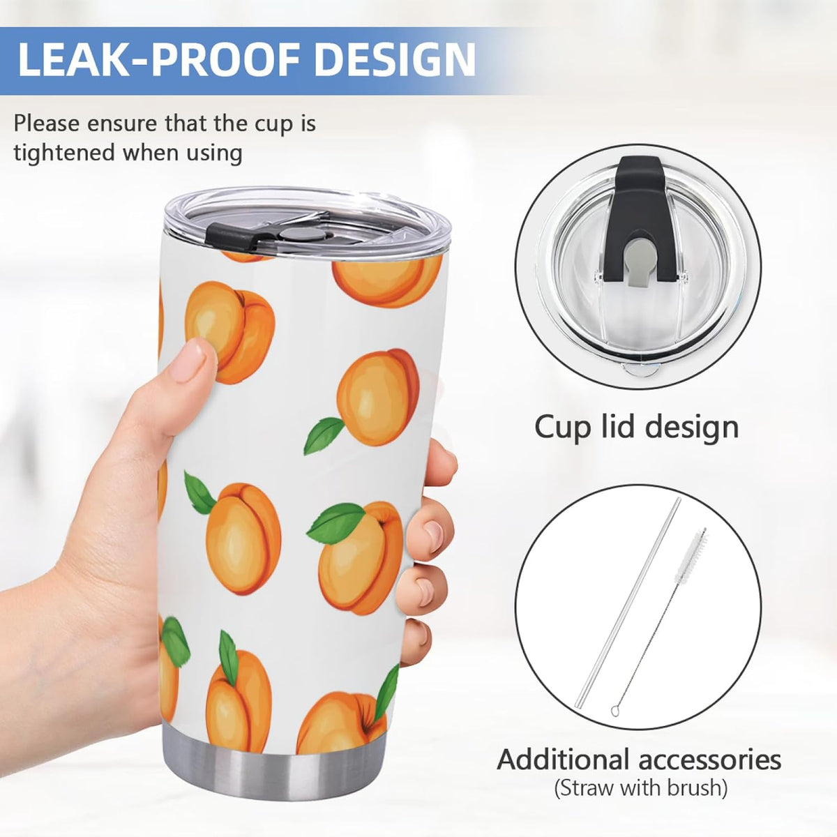 Watercolor Peach 20oz Tumbler with Lid and Straw Insulated Coffee Mug Stainless Steel Travel Cups for Women Men