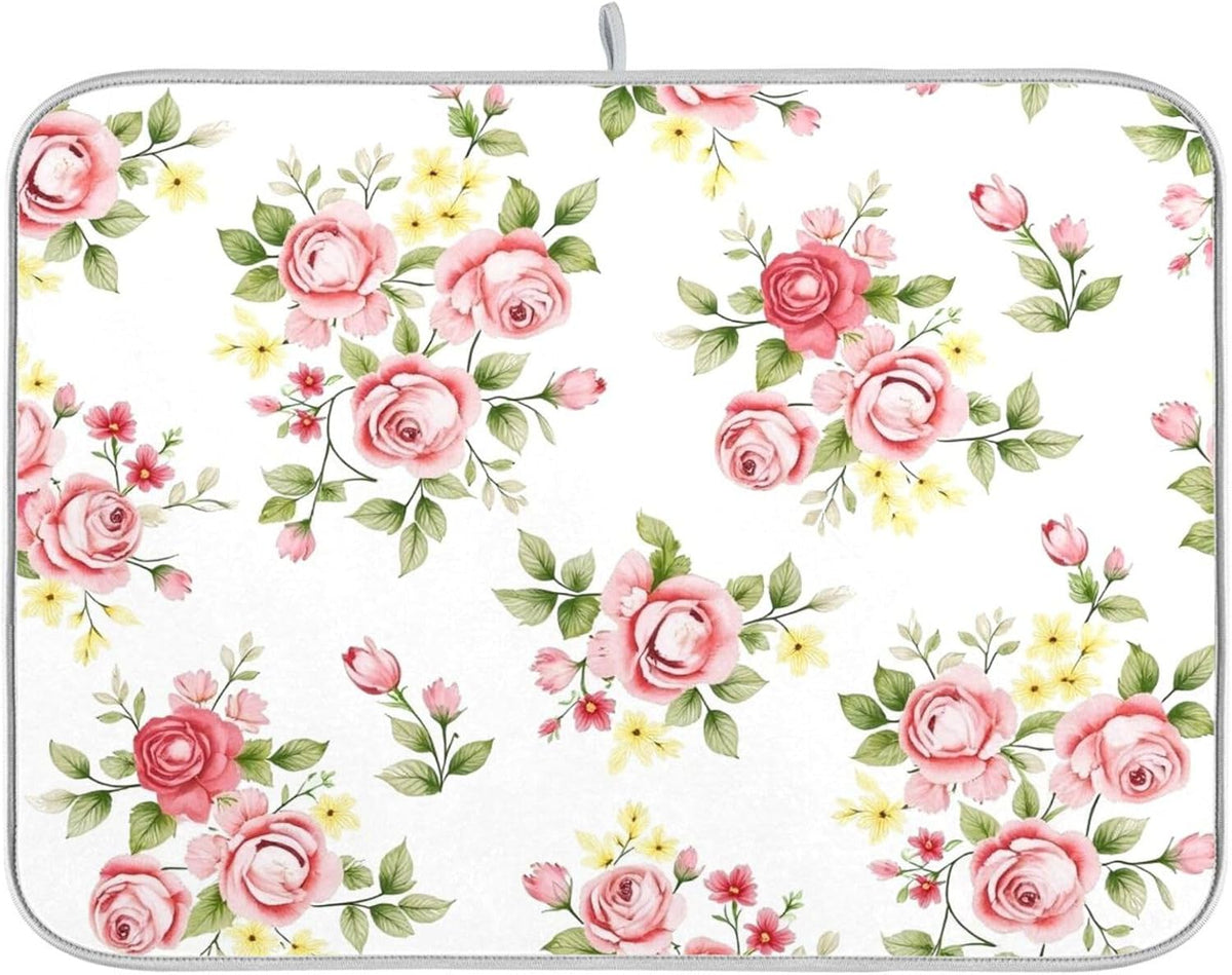 Flower Dish Drying Mat for Kitchen Counter, Pink Rose Flower Floral Drying Pad Absorbent Dishes Drainer Mats Trivet 16 x 18 Inch