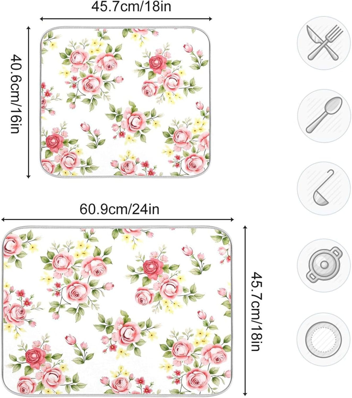 Flower Dish Drying Mat for Kitchen Counter, Pink Rose Flower Floral Drying Pad Absorbent Dishes Drainer Mats Trivet 16 x 18 Inch