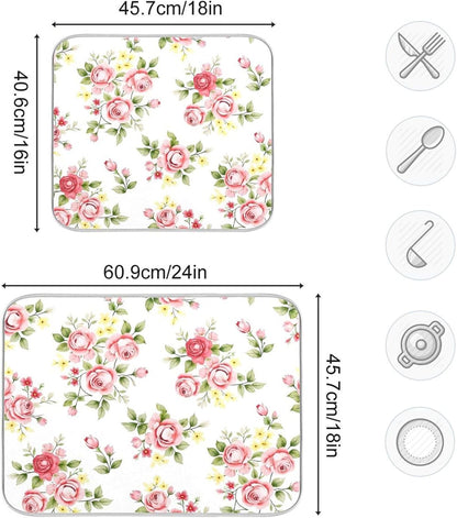 Flower Dish Drying Mat for Kitchen Counter, Pink Rose Flower Floral Drying Pad Absorbent Dishes Drainer Mats Trivet 16 x 18 Inch