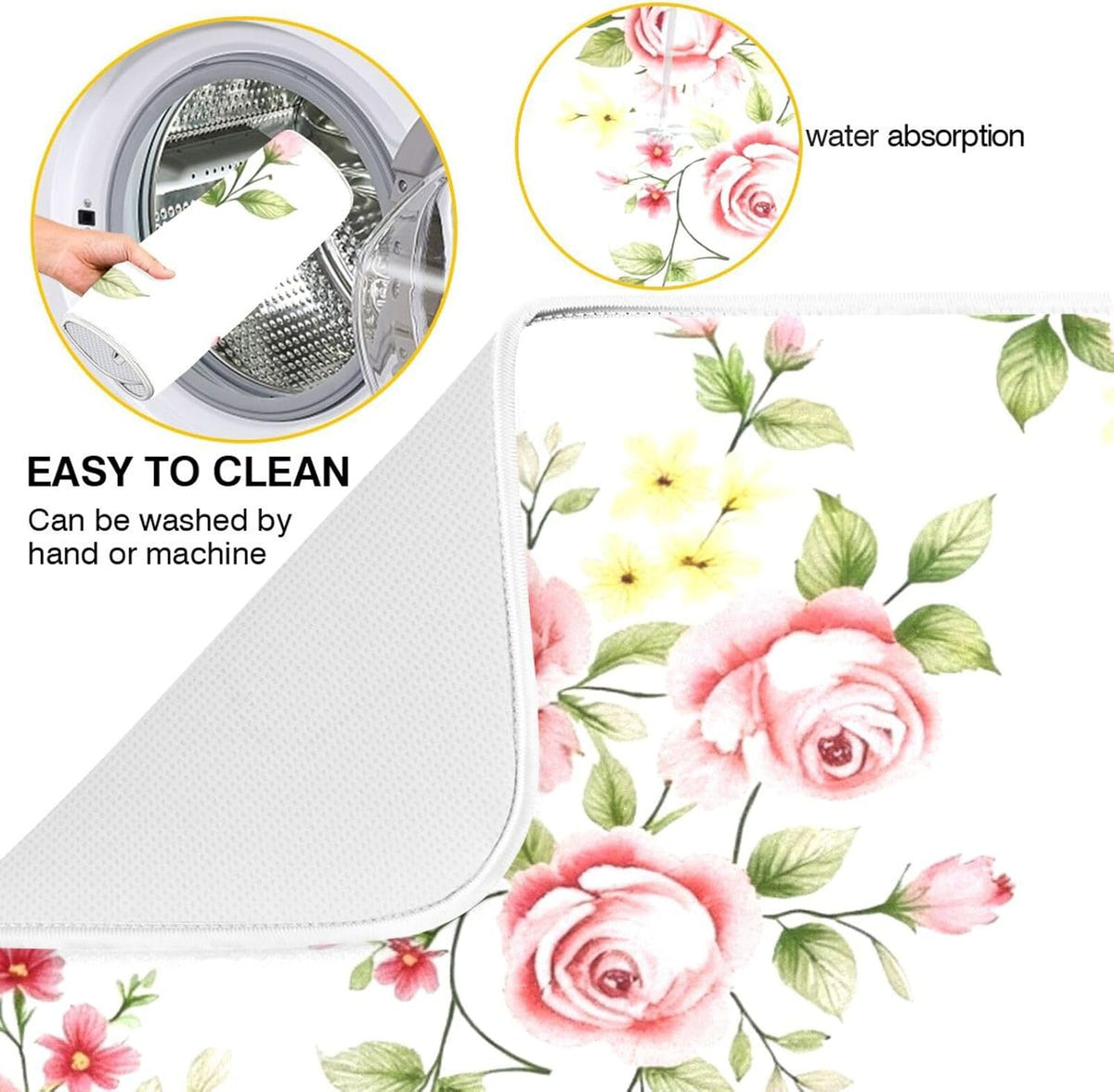 Flower Dish Drying Mat for Kitchen Counter, Pink Rose Flower Floral Drying Pad Absorbent Dishes Drainer Mats Trivet 16 x 18 Inch