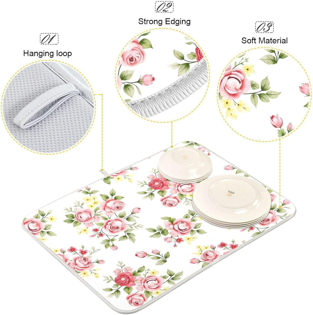 Flower Dish Drying Mat for Kitchen Counter, Pink Rose Flower Floral Drying Pad Absorbent Dishes Drainer Mats Trivet 16 x 18 Inch