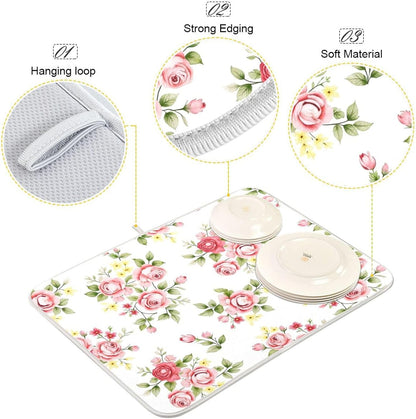 Flower Dish Drying Mat for Kitchen Counter, Pink Rose Flower Floral Drying Pad Absorbent Dishes Drainer Mats Trivet 16 x 18 Inch