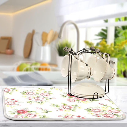 Flower Dish Drying Mat for Kitchen Counter, Pink Rose Flower Floral Drying Pad Absorbent Dishes Drainer Mats Trivet 16 x 18 Inch