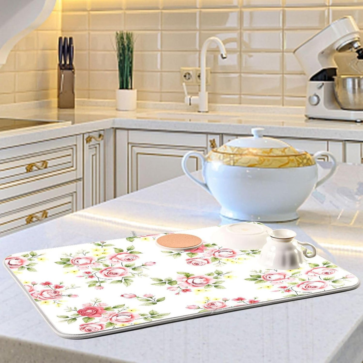 Flower Dish Drying Mat for Kitchen Counter, Pink Rose Flower Floral Drying Pad Absorbent Dishes Drainer Mats Trivet 16 x 18 Inch