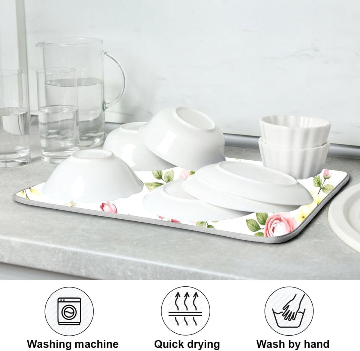 Flower Dish Drying Mat for Kitchen Counter, Pink Rose Flower Floral Drying Pad Absorbent Dishes Drainer Mats Trivet 16 x 18 Inch
