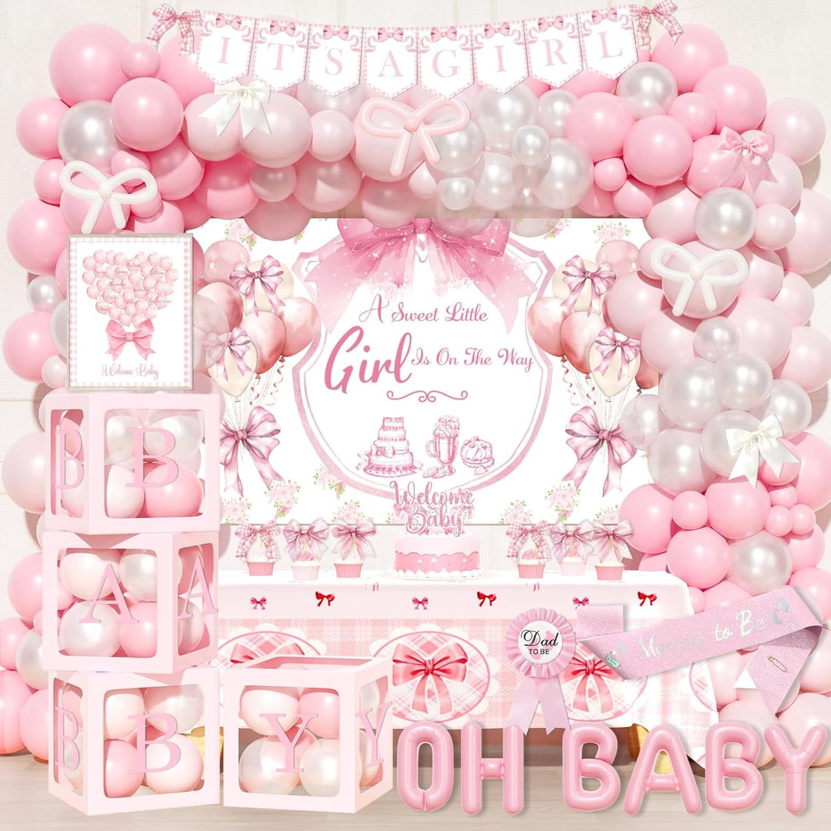 Pink Bow Baby Shower Decorations - 132 PCs Coquette Baby Shower Supplies with Balloon Garland, Backdrop, Cake Topper, Tablecloth, Boxes, Badge, Sash for Girls Pink Themed Party
