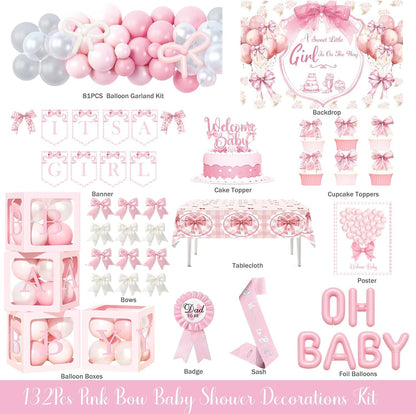 Pink Bow Baby Shower Decorations - 132 PCs Coquette Baby Shower Supplies with Balloon Garland, Backdrop, Cake Topper, Tablecloth, Boxes, Badge, Sash for Girls Pink Themed Party