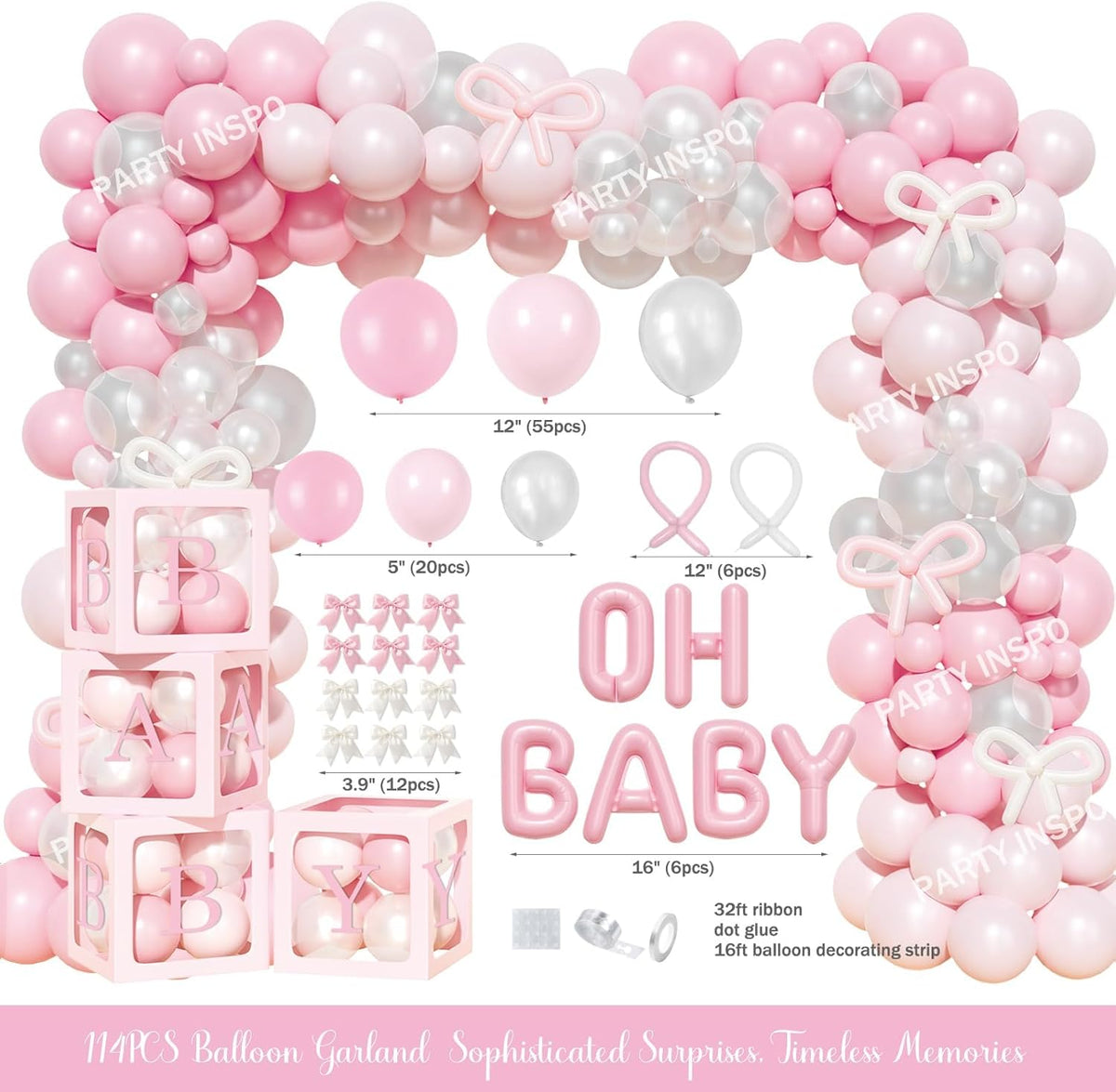 Pink Bow Baby Shower Decorations - 132 PCs Coquette Baby Shower Supplies with Balloon Garland, Backdrop, Cake Topper, Tablecloth, Boxes, Badge, Sash for Girls Pink Themed Party