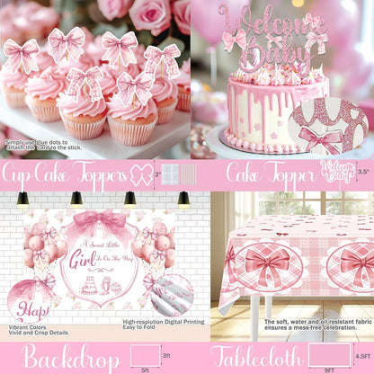 Pink Bow Baby Shower Decorations - 132 PCs Coquette Baby Shower Supplies with Balloon Garland, Backdrop, Cake Topper, Tablecloth, Boxes, Badge, Sash for Girls Pink Themed Party