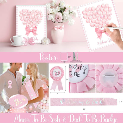 Pink Bow Baby Shower Decorations - 132 PCs Coquette Baby Shower Supplies with Balloon Garland, Backdrop, Cake Topper, Tablecloth, Boxes, Badge, Sash for Girls Pink Themed Party