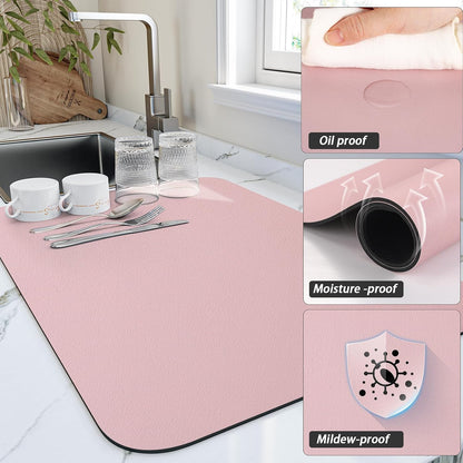 Dish Drying Mat for Kitchen Counter, Heat Resistant Drainer Mats with Non-slip Rubber Backed, Hide Stain Kitchen Super Absorbent Draining Mat, Easy to Clean Dish Rack Pad, Pink 16"x18"