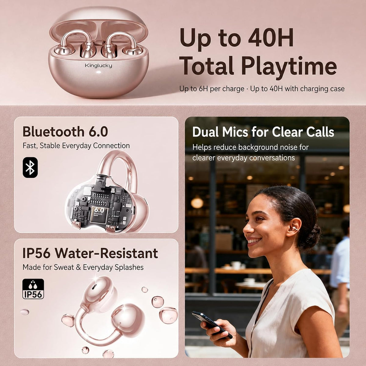 Upgraded Clip-On Earbuds, Open Ear Wireless Earbuds Bluetooth 6.0