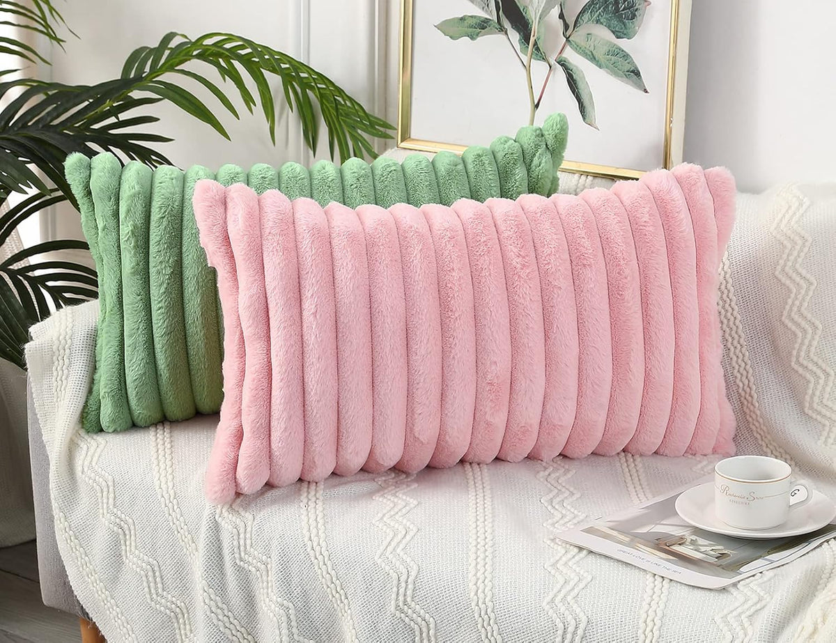 Faux Fur Decorative Lumbar Throw Pillow Covers 12 x 24,Long Boho Lumbar Pillow Covers Pillow Case Cushion Case for Bed Sofa Farmhouse Livingroom,Pink