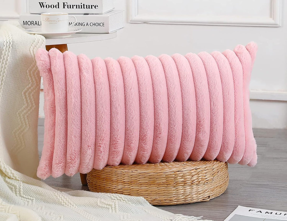 Faux Fur Decorative Lumbar Throw Pillow Covers 12 x 24,Long Boho Lumbar Pillow Covers Pillow Case Cushion Case for Bed Sofa Farmhouse Livingroom,Pink