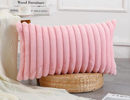 Faux Fur Decorative Lumbar Throw Pillow Covers 12 x 24,Long Boho Lumbar Pillow Covers Pillow Case Cushion Case for Bed Sofa Farmhouse Livingroom,Pink