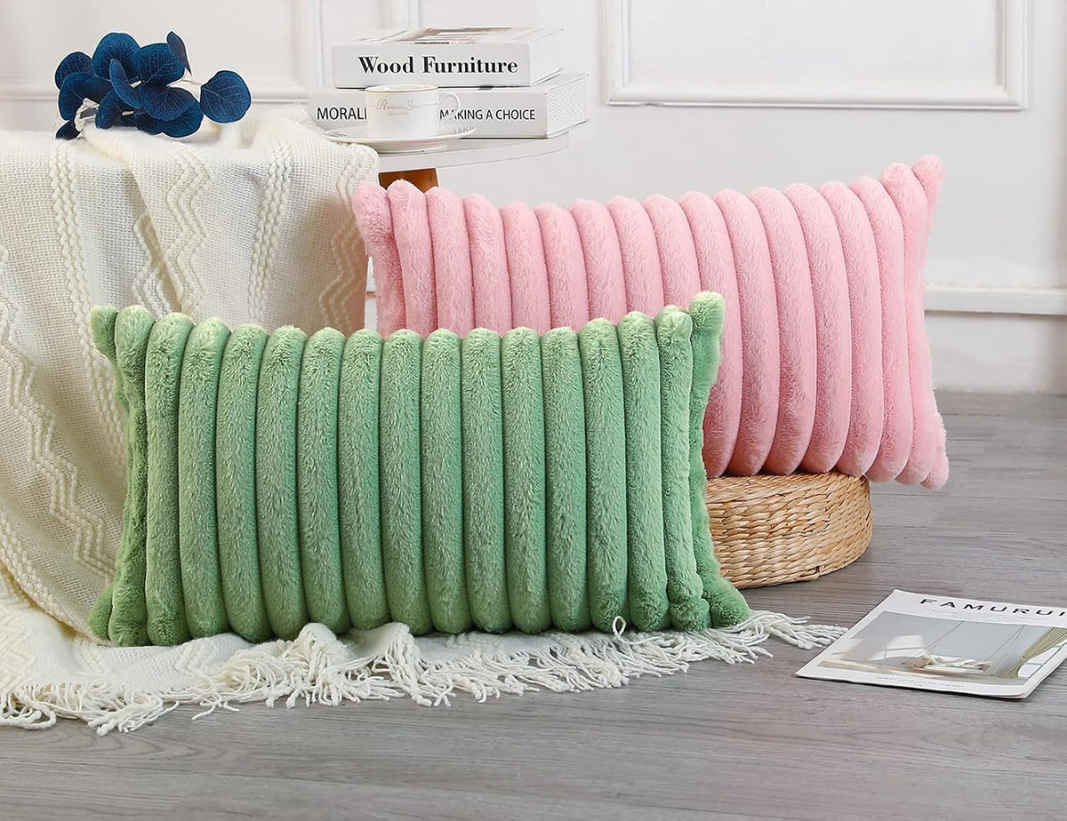 Faux Fur Decorative Lumbar Throw Pillow Covers 12 x 24,Long Boho Lumbar Pillow Covers Pillow Case Cushion Case for Bed Sofa Farmhouse Livingroom,Pink