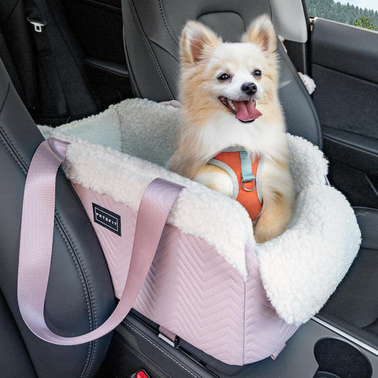 Cat Car Seat, Portable Console Dog Car Seat with Safe Protective Hooks, Luxury Pet Car Seat Includes Safety Leash and Storage Pocket for Pets Up to 9 lbs (Pink)