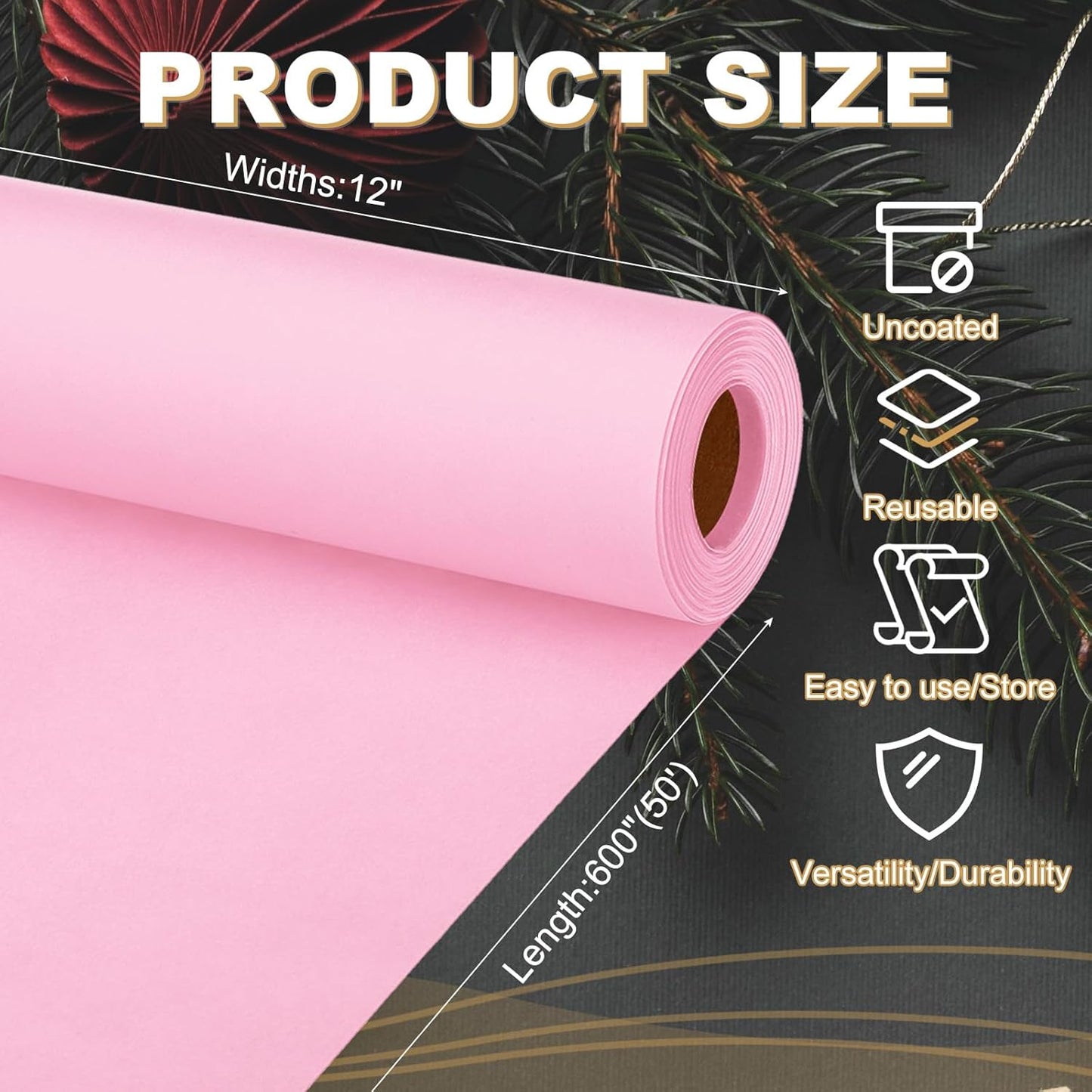 Wrapping Paper, 12"x600"(50') Bulletin Board Paper Roll Kraft Paper Roll Construction 80GSM for Shipping Packing Gift Wrapping Craft Flower Bouquet Christmas, Pink