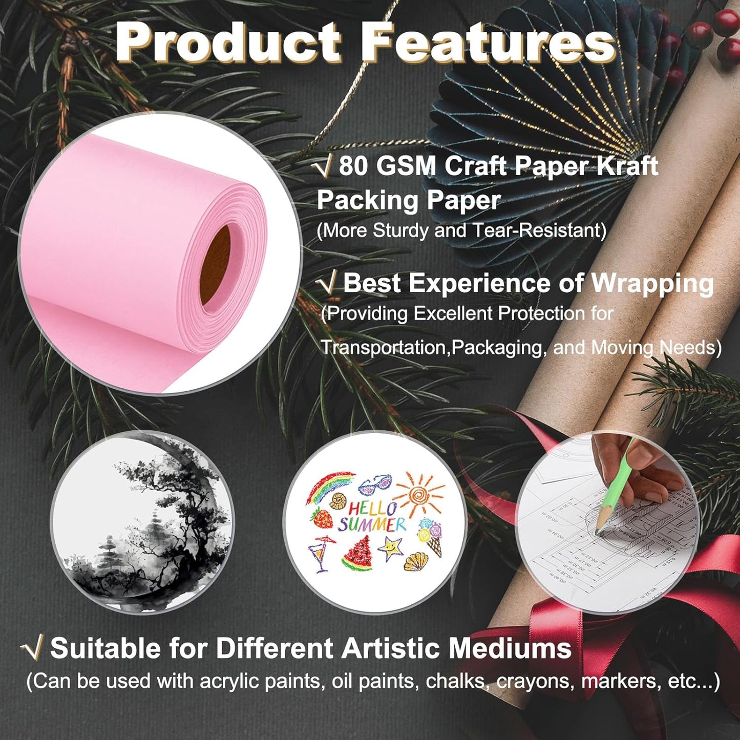 Wrapping Paper, 12"x600"(50') Bulletin Board Paper Roll Kraft Paper Roll Construction 80GSM for Shipping Packing Gift Wrapping Craft Flower Bouquet Christmas, Pink
