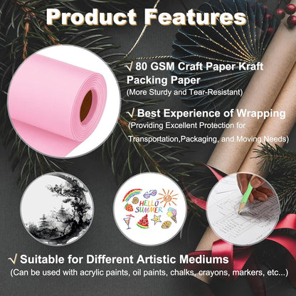 Wrapping Paper, 12"x600"(50') Bulletin Board Paper Roll Kraft Paper Roll Construction 80GSM for Shipping Packing Gift Wrapping Craft Flower Bouquet Christmas, Pink
