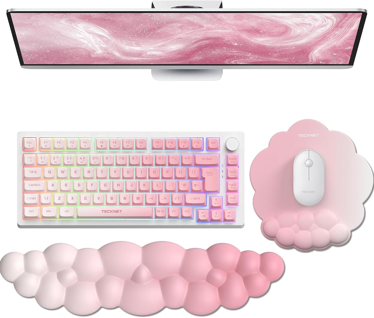 Cloud Wrist Rest & Ergonomic Mouse Pad, Cloud Keyboard Wrist Rest with Non-Slip Base, PU Leather Memory Foam Wrist Pad for Keyboard and Mouse, Pain Relief for Typing, Gaming, Pink